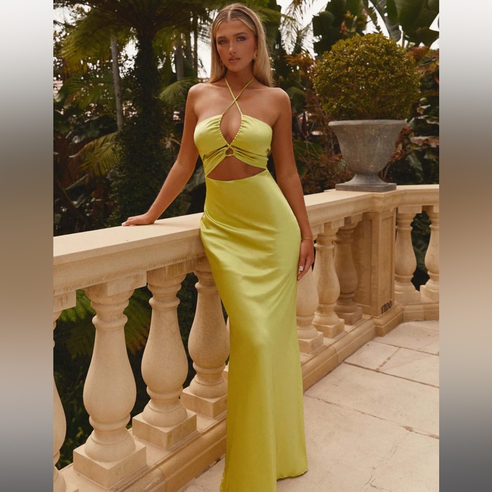 Peppermayo Lime Green Satin Maxi Dress with Cutout